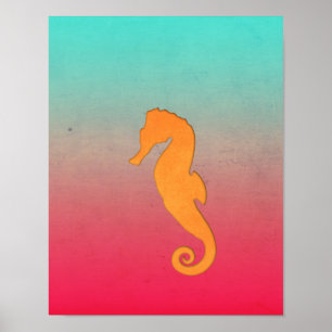 Poster Hippocampe orange silhouette Simple plage nautique