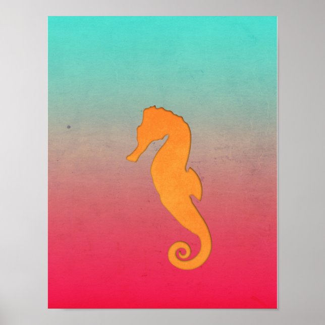 Poster Hippocampe orange silhouette Simple plage nautique (Devant)