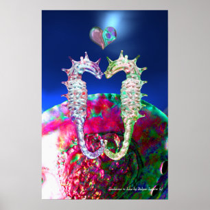 POSTER HIPPOCAMPES AMOUREUX, MÈRE PERLE ROSE BLEU