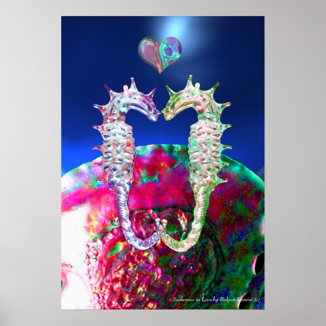 POSTER HIPPOCAMPES AMOUREUX, PERLE DE NACRE ROSE BLEU (Devant)