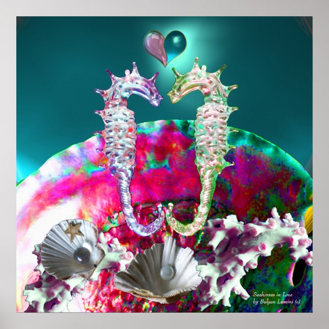POSTER HIPPOCAMPES AMOUREUX, PERLE ROSE TEAL BLEUE (Devant)