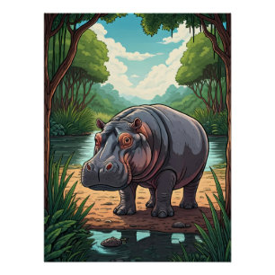 Poster Hippopotame au bord de la rivière