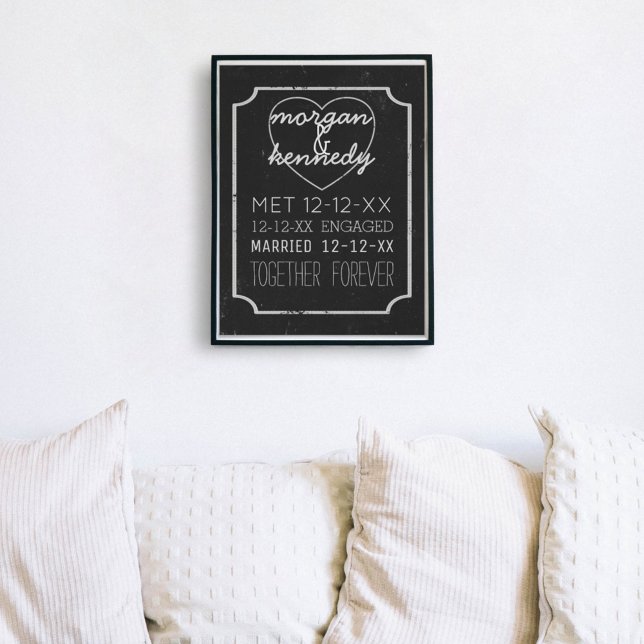 Poster Histoire du Fiançailles de mémoire mariage noir et (Add your own love story dates to this black and white chalkboard style poster)