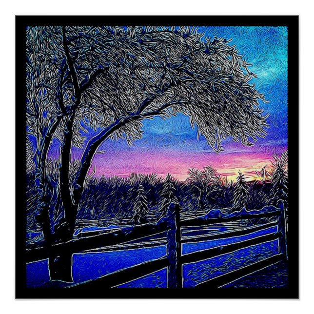 Poster hiver arbres impressionnisme soleil paysage (Devant)