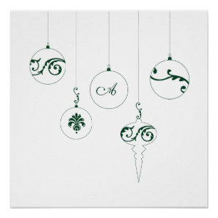 Poster Hiver Vert Monogramme Bauble Ornements de Noël