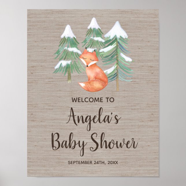 Poster Hiver Woodland Fox Baby shower Bienvenue (Devant)