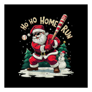 Poster Ho Ho Home Run Père Noël Vintage Jouant au Basebal