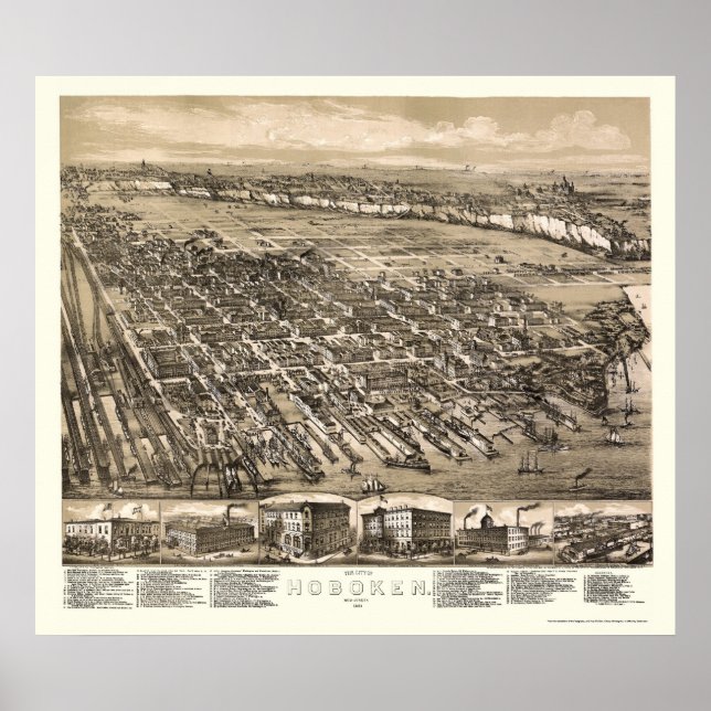 Poster Hoboken, NJ Carte panoramique - 1881 (Devant)