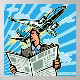 Poster Homme d'affaires avec journal et avion ci-dessus