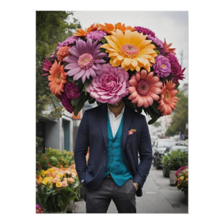 Poster Homme en costume avec la tête couverte de fleurs