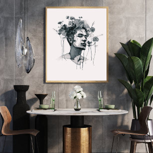 Poster Homme noir ligne blanche Art avec Fleur