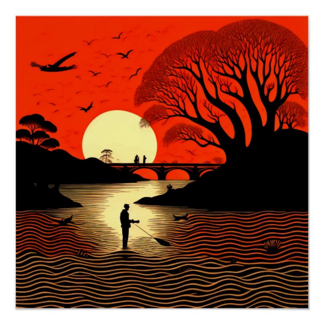 Poster Homme pêchant au coucher du soleil (Devant)