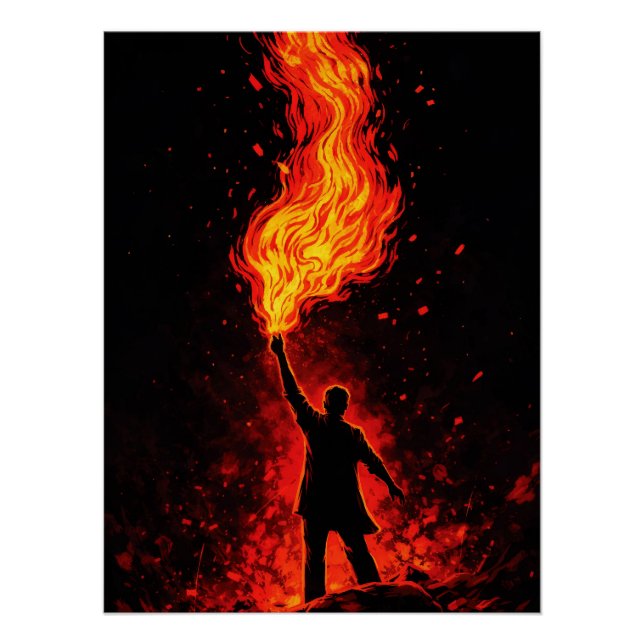 Poster Homme tenant une torche à feu massive silhouette d (Devant)