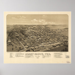 Poster Honey Grove Texas 1886 Antique carte panoramique