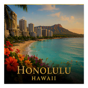 Poster Honolulu Hawaï côte de Waikiki et culture insulair
