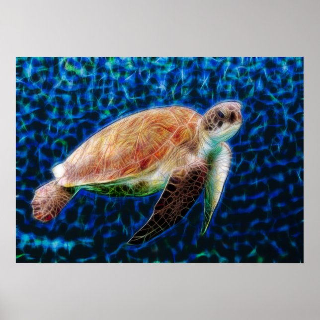 Poster Honu à la tortue verte sur l'art fractal bleu (Devant)