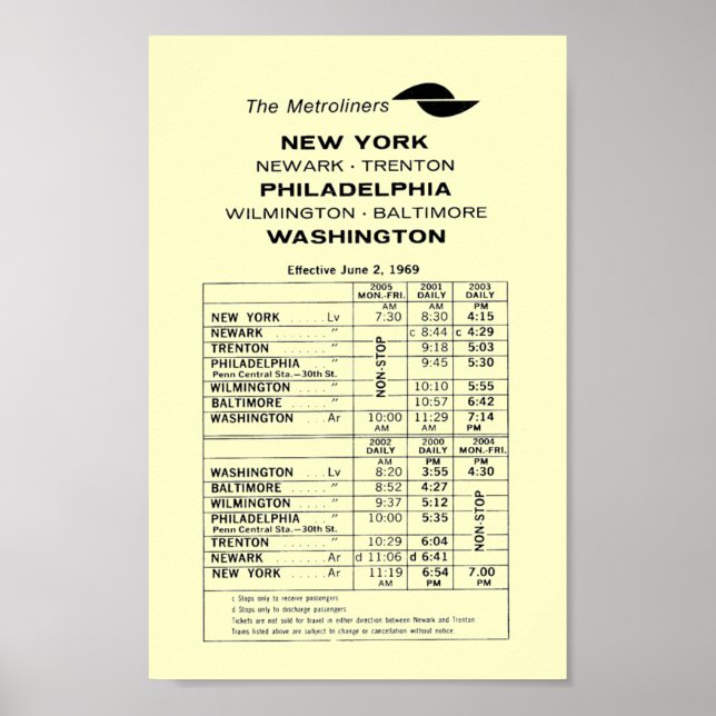 Poster horaire du Metroliner du chemin de fer Penn (Devant)