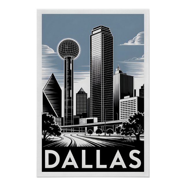 Poster Horizon de Dallas Texas Noir Blanc Gravure sur Boi (Devant)