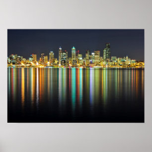 Poster Horizon de Seattle la nuit avec la réflexion