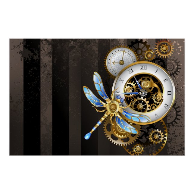 Poster Horloge à vapeur avec libellule mécanique (Devant)