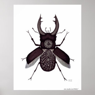 Poster Horloge de scarabée dessin surréaliste noir et bla