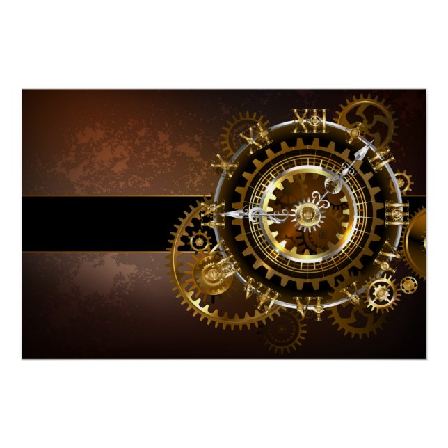 Poster Horloge Steampunk avec des engrenages anciens (Devant)