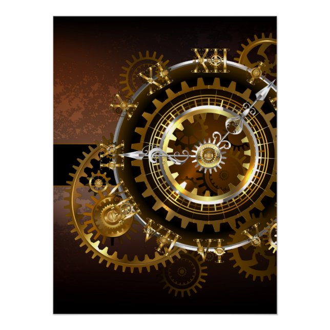 Poster Horloge Steampunk avec des engrenages anciens (Devant)