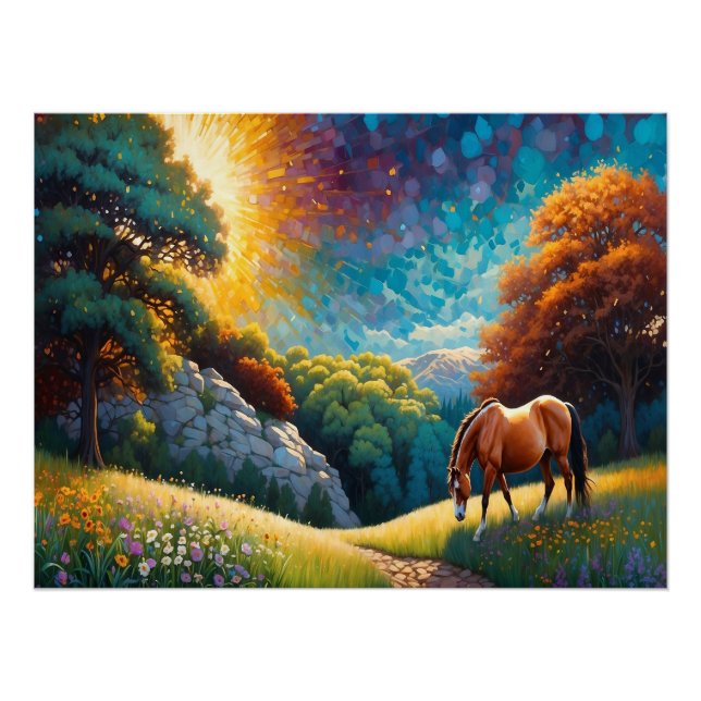 Poster Horse and Flowers in a colorful meadow (Devant)