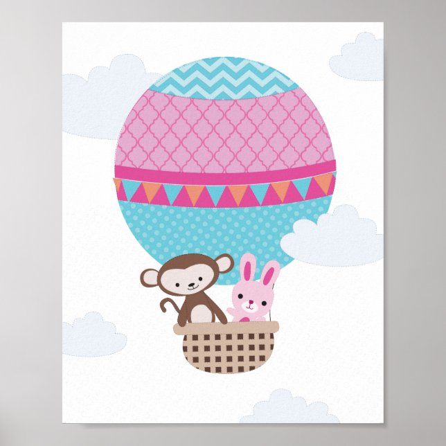 Poster Hot Air Balloon Singe et Bunny Nursery Art
