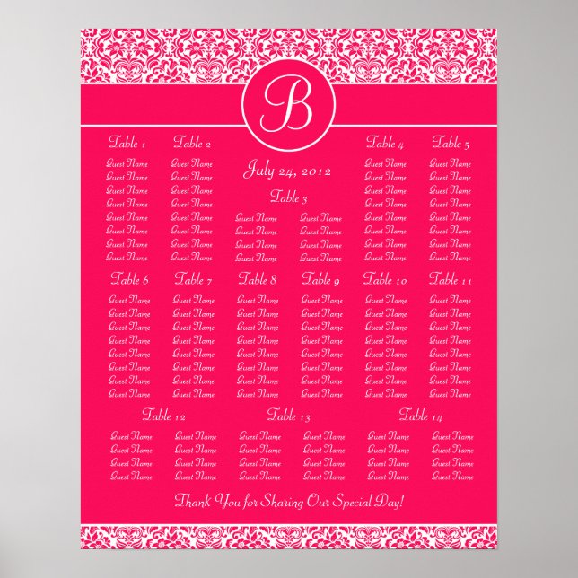 Poster Hot Pink Damask Wedding Reception Seating Chart (Devant)