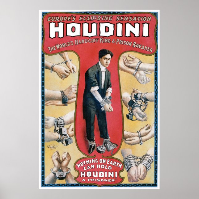 Poster Houdini ~ Artiste d'évasion de menottes Vintages (Devant)