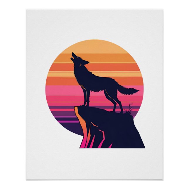 Poster Howl at the Dusk - Retro Coyote Sunset (Devant)