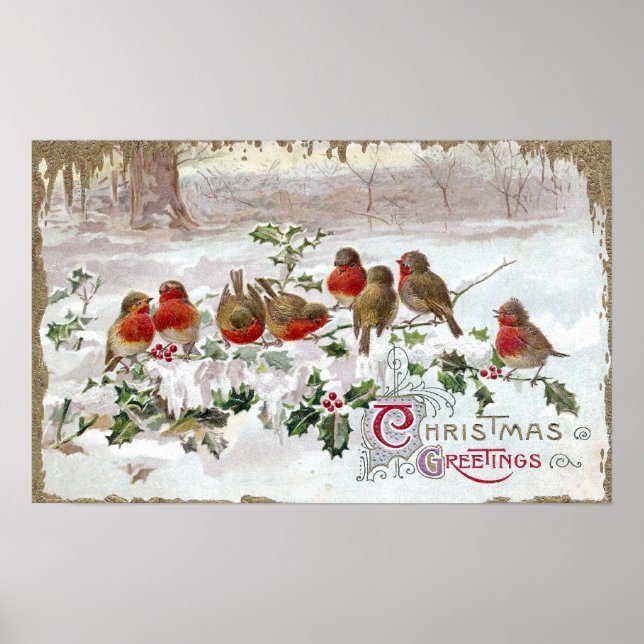 Poster Huit Robins anglais sur Holly Vintage Christmas (Devant)