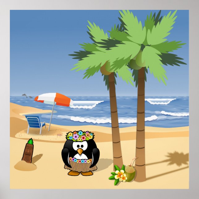 Poster Hula penguin, dessin animé sur les vacances (Devant)