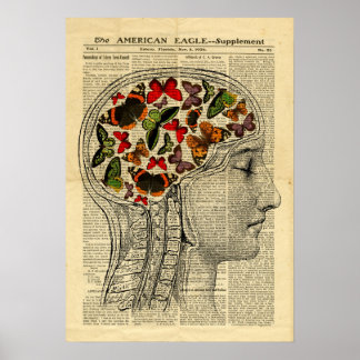 Poster Human Head Brain Butterflies on newspaper