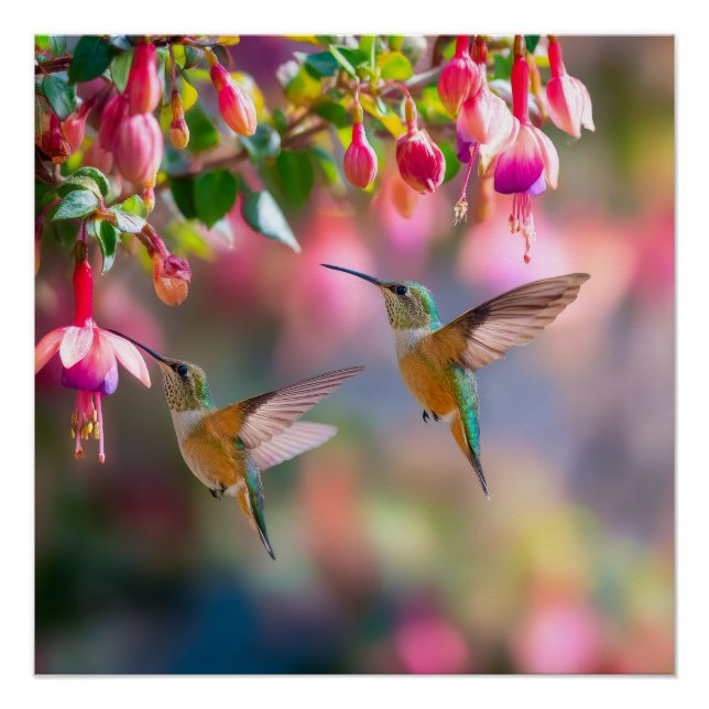 Poster Hummingbirds Fuchsia Flowers Iridescent Dance (Devant)