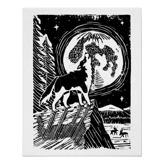 Poster Husky hurlant noir et blanc la nuit en linogravure (Devant)