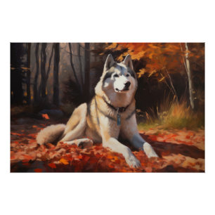 Poster Husky Sibérien dans les feuilles d'automne qui tom