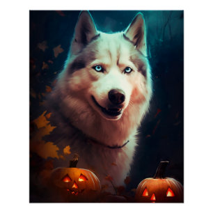 Poster Husky sibérien Halloween avec citrouilles effrayan