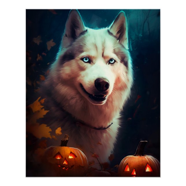 Poster Husky sibérien Halloween avec citrouilles effrayan (Devant)