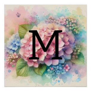 Poster Hydrangée rose monogramme
