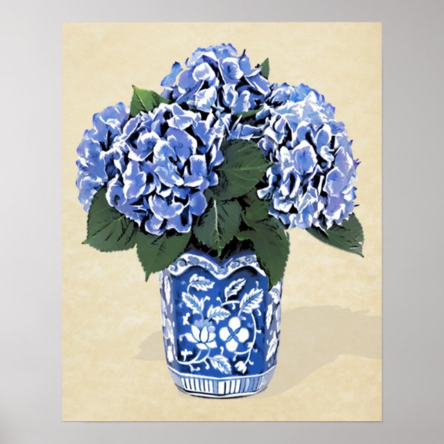 Poster Hydrangées bleues en pot bleu sur papier parchemin (Devant)