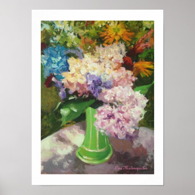 Poster Hydrangées dans un vase vert (Devant)