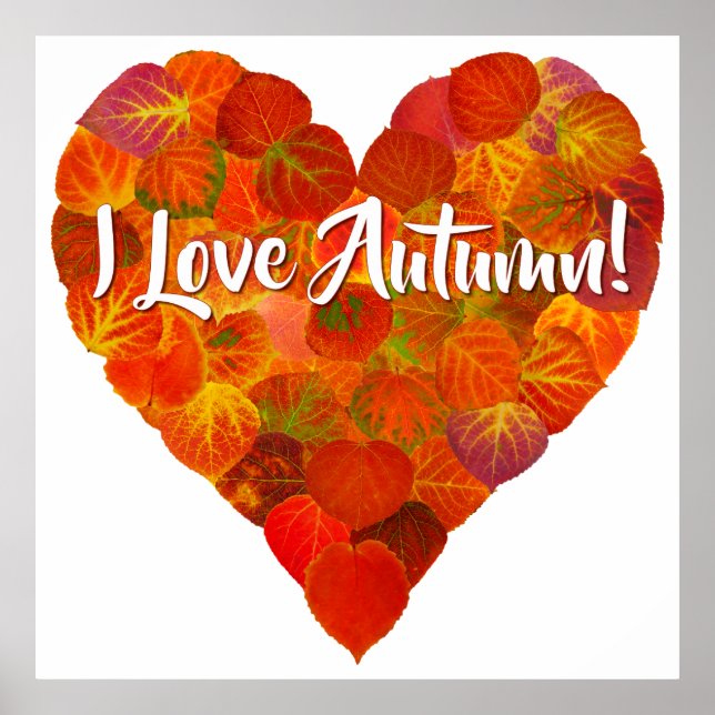 Poster I Love Automne!—Rouge Aspen Leaf Heart 1 (Devant)