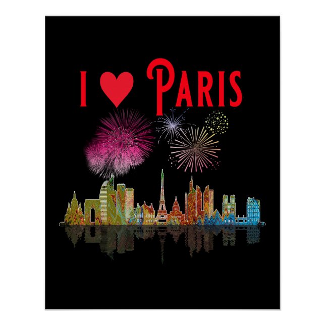 Poster I Love Paris at Night Skyline Fireworks (Devant)