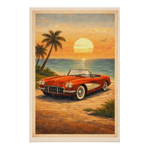 Poster Iconic Red Convertible Beach Sunset Retro Travel 