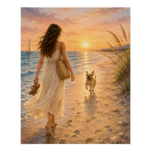 Poster Illustration aquarelle du coucher de soleil paisib