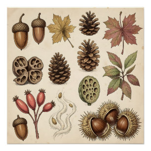 Poster Illustration botanique vintage d'automne : glands,
