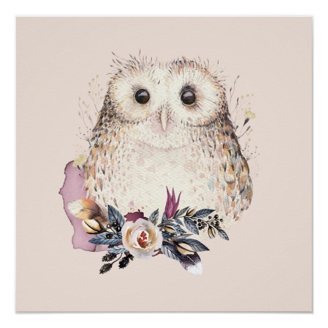 Poster Illustration chic Pastel Flower Owl Animal Boho (Devant)
