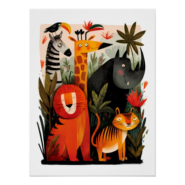 Poster Illustration colorée d'animaux - Animaux de jungle (Devant)
